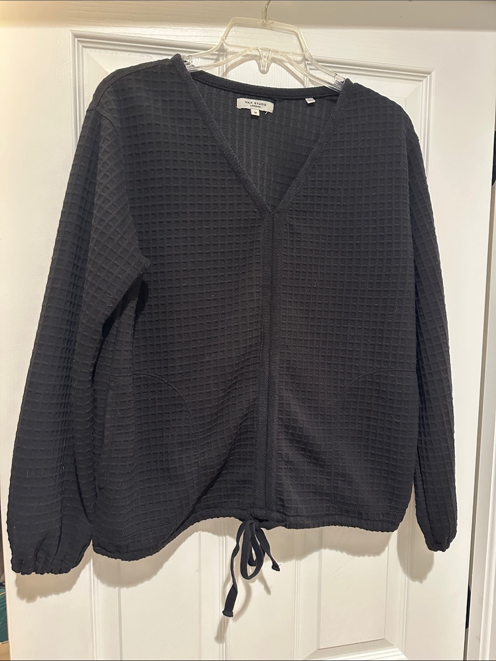 Max Studio Black Waffle V-Neck Drawstring Top